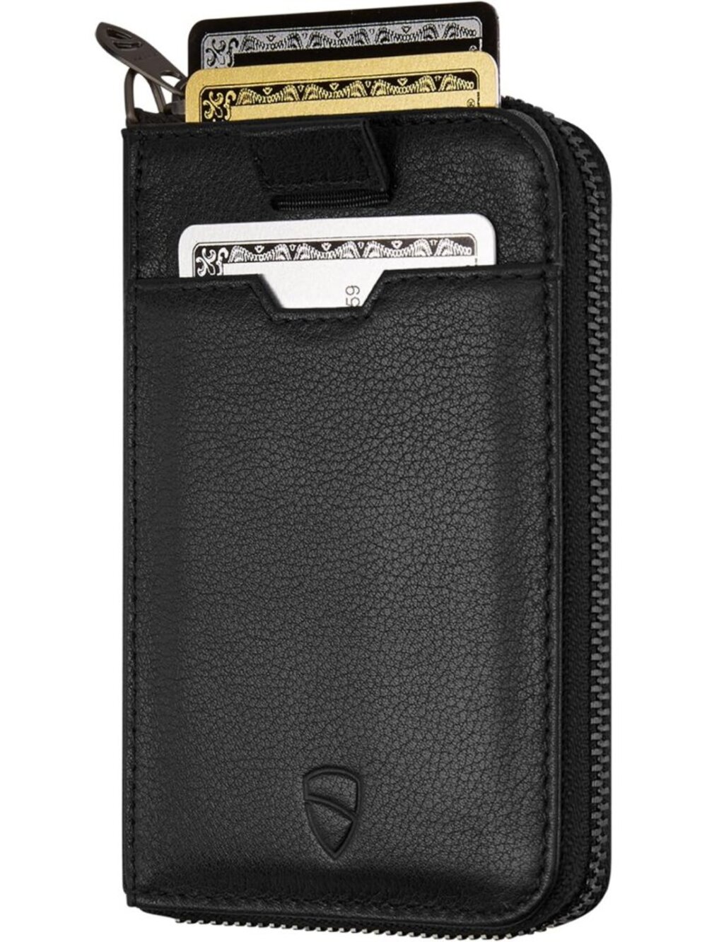 Slim Leather Zip Around Wallet, RFID Protection, Compact Design, Black Color